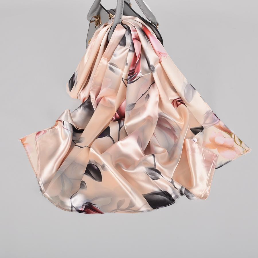 [BYSIFA] Fall New Silk Scarf Hijab Printed Elegant Green Plum Blossom Satin Long Scarves Shawls Winter Women Accessories Wraps