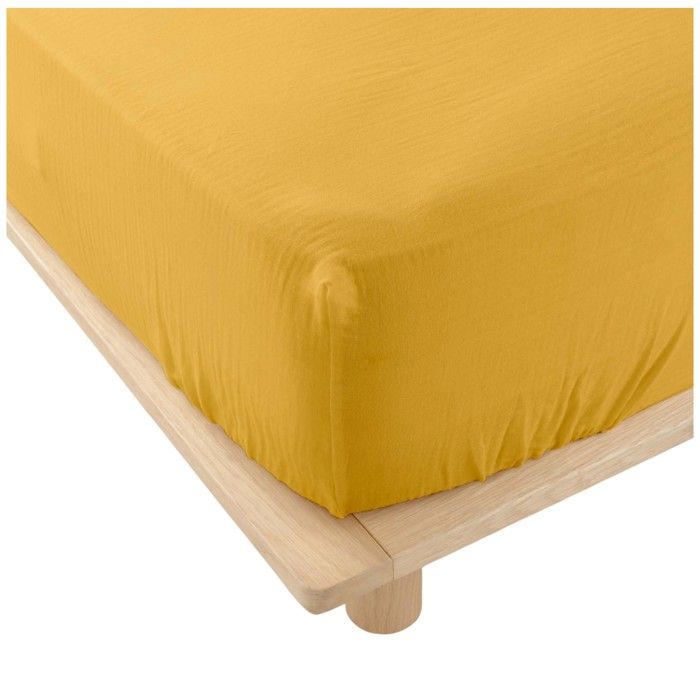 Drap housse - Double gaze de coton - 160 x 200 cm - Jaune - 30 cm de bonnet