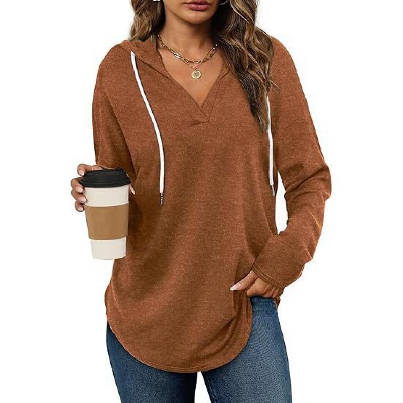 Womens Hooded V-Neck Long Sleeve Sweatshirt Loose Fit Casual Pullover Top In Solid Colors