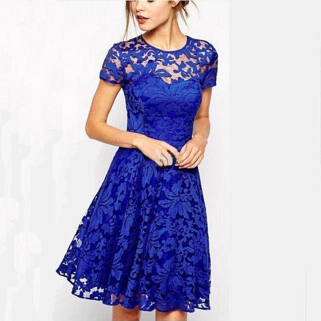 Hot-selling New European And American Elegant And Fashionable Round Neck Short-sleeved Blue Lace Dress