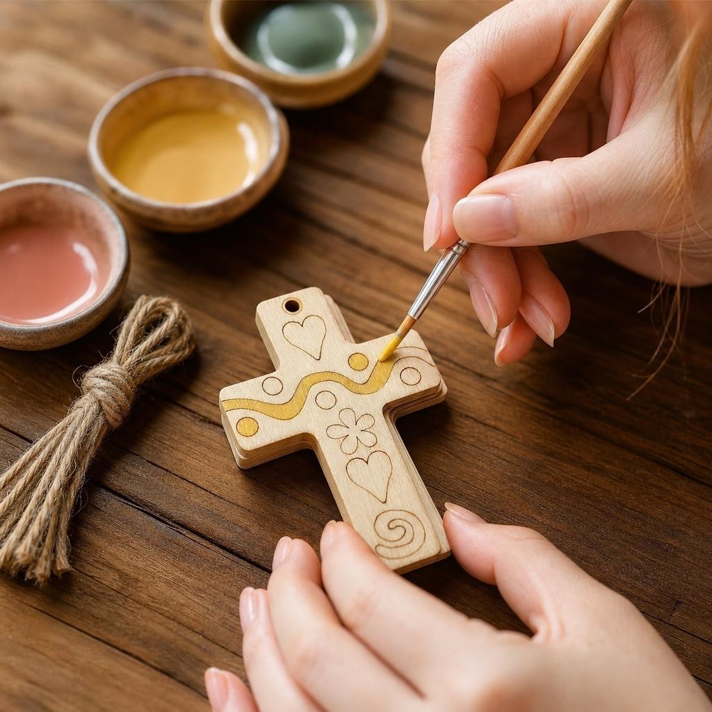 Wooden Cross Pendant with Engraved Patterns and Natural Twine Cord Handmade Wooden Cross Charm for Crafting and Decoration