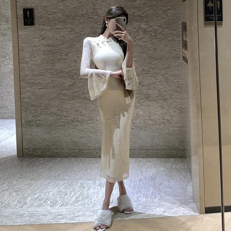 Women's Chinese Modified Button Cheongsam Lace Slim Dress