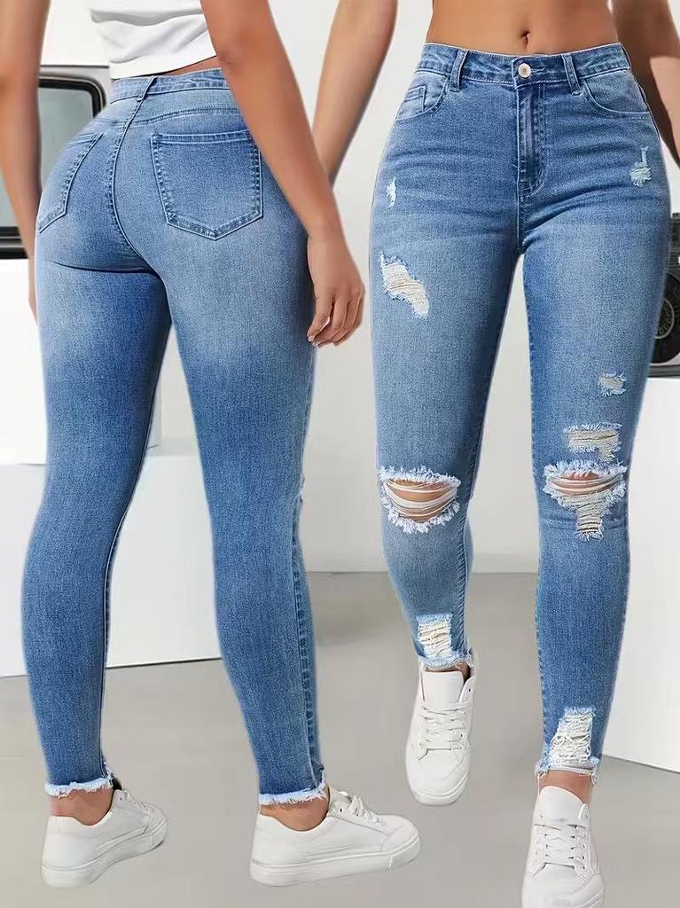2026 European & American Style High-Waisted Elastic Ripped Skinny Jeans for Women
