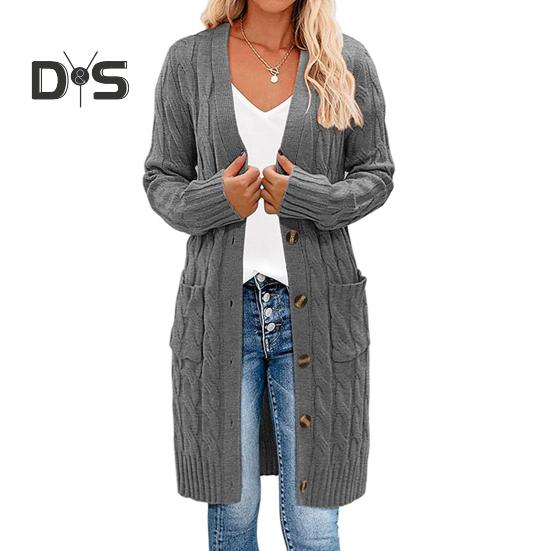 Women Sweater Cardigan V-neck Long Sleeve Twist Texture Knitting Tops with Pockets Solid Color Button-Up Knitting Jacket