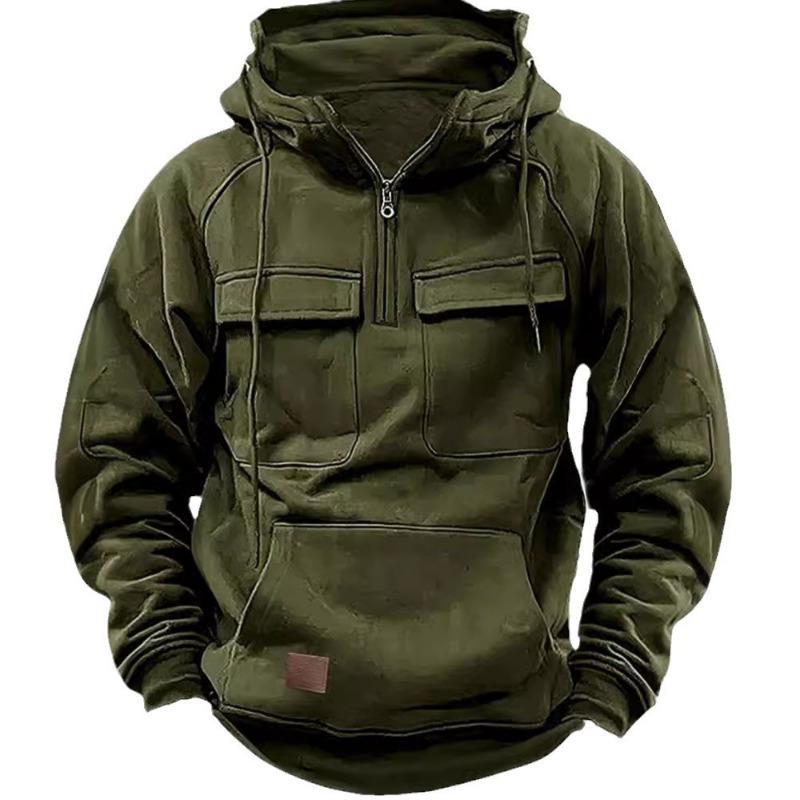 Men’s Solid Color Hooded Sweatshirt with Multi Pockets