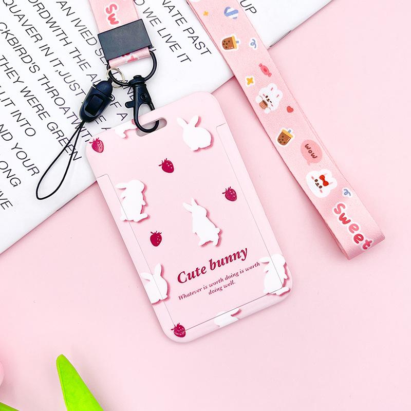 Estuche deslizante de dibujos animados Kawaii, etiqueta de identificación, funda para permiso de trabajo, funda con estampado de oso y conejo, soporte para tarjeta con nombre de permiso de trabajo