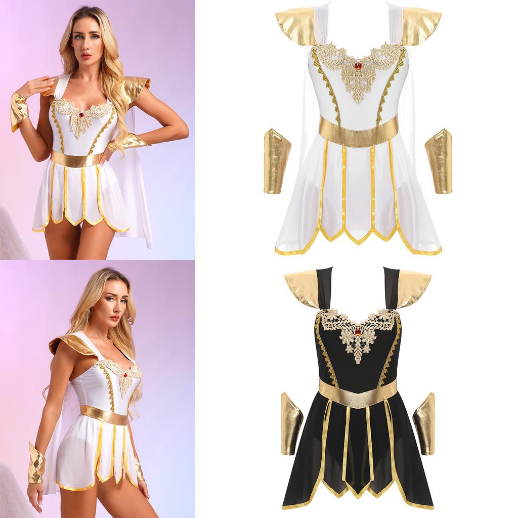 Womens Roman Toga Costume Petal Skirt Bodysuit Integrated Cape Design Ancient Theme Metallic Wristbands