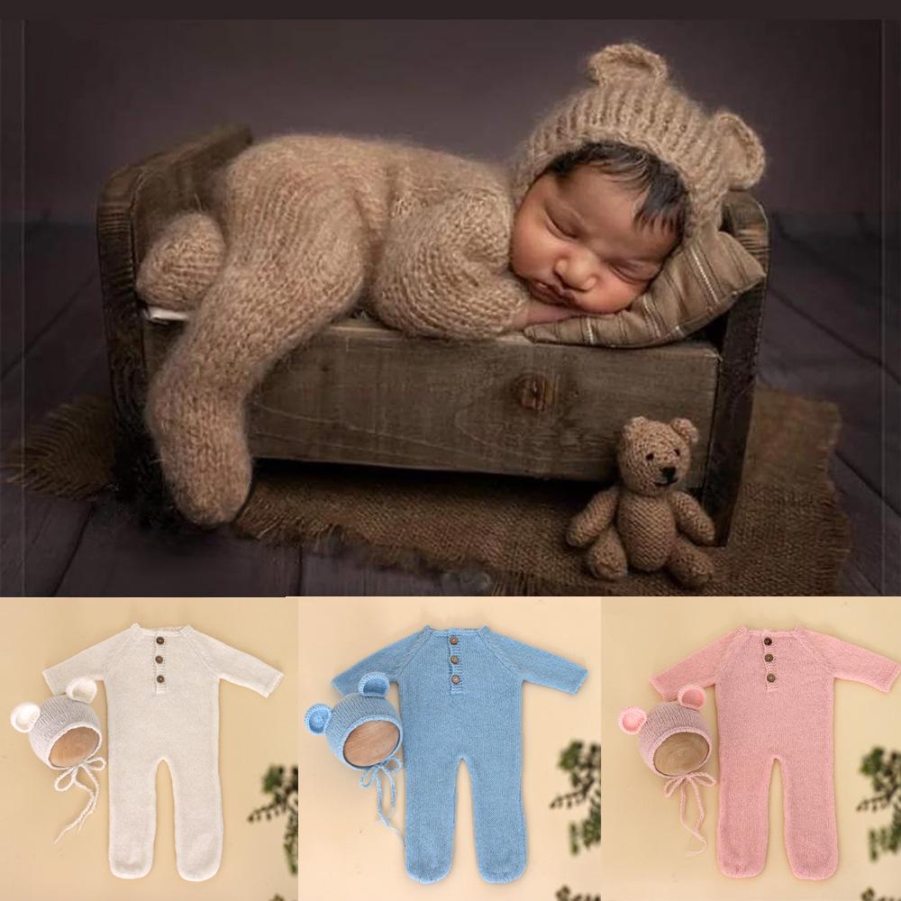 Newborn Knit Mohair Bear Romper & Hat Set