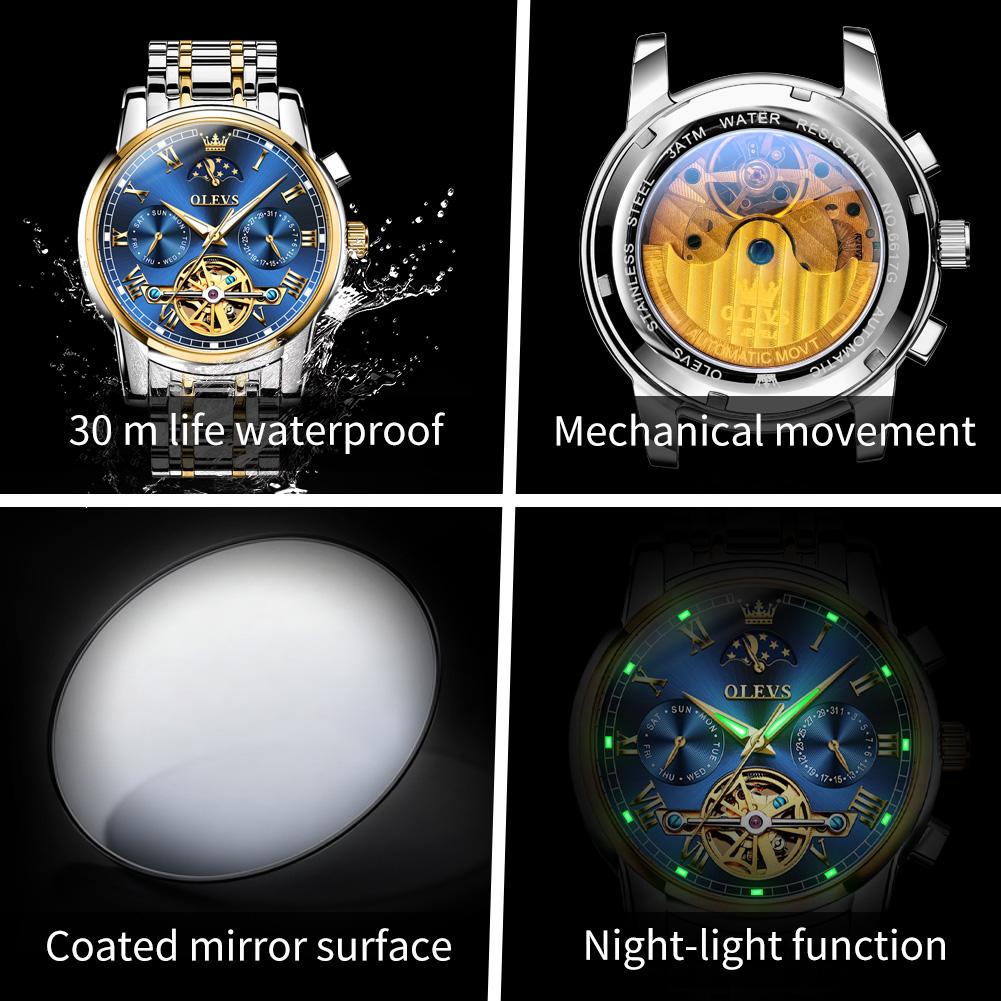 OLEVS Uhren Für Mann Mondphase Luxus Edelstahl Schwungrad Mechanische Handuhr Datum Wasserdicht Leuchtend Herrenuhr 6617