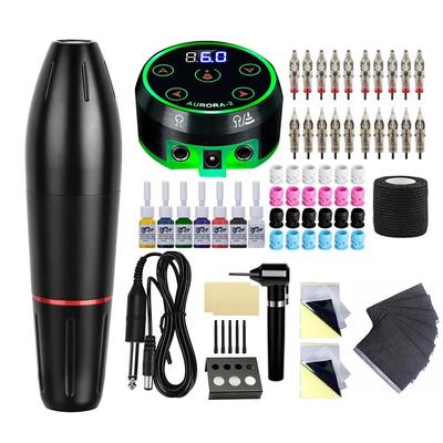 Komplett Tattoo Machine Kit Permanent Makeup Maskiner Pen Set 7 Färger Pigment Bläck med AURORA strömförsörjning Tillbehör Patronnålar