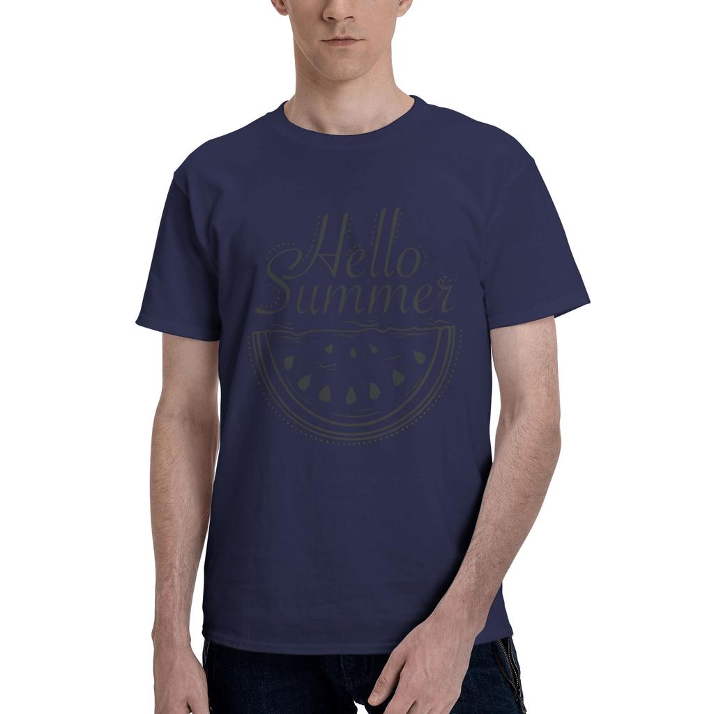 Hello summer Men T Shirts Watermelon print Humorous Tee Shirt Short Sleeve Round Collar Pure Cotton Adult Tops TShirt