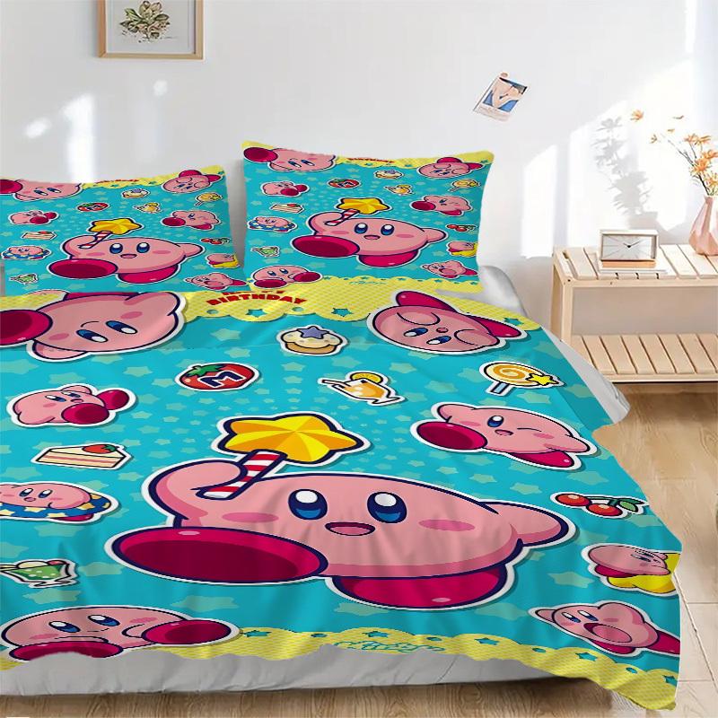 3pcs Bedding Set Birthday Kirby Includes 1 Comforter + 2 Pillowcases, Without Pillow Inserts, Soft Comfortable, Lightweight Breathable, Prin