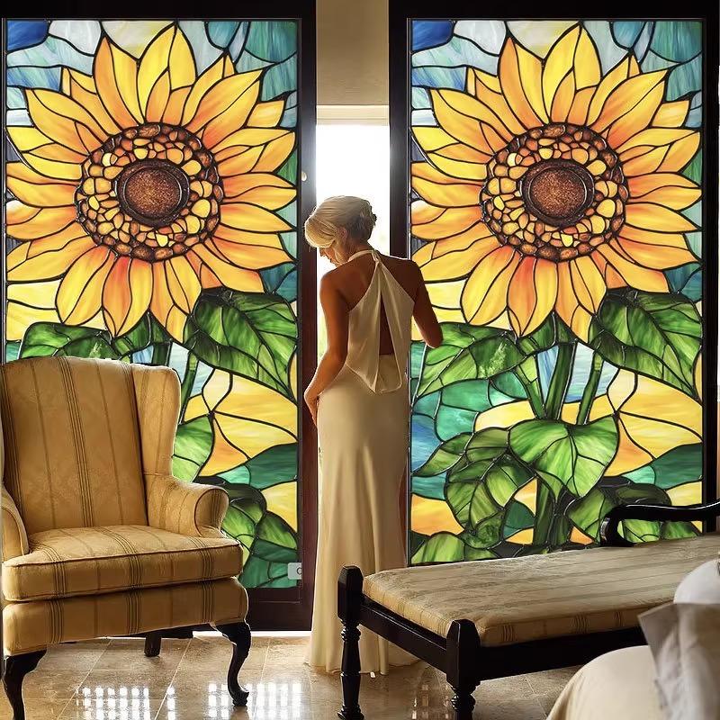 Sunflower Glass Film,electrostatic Frosting, Adhesive Free Art Painting Privacy Protection Window Film Stained Glass Stickers