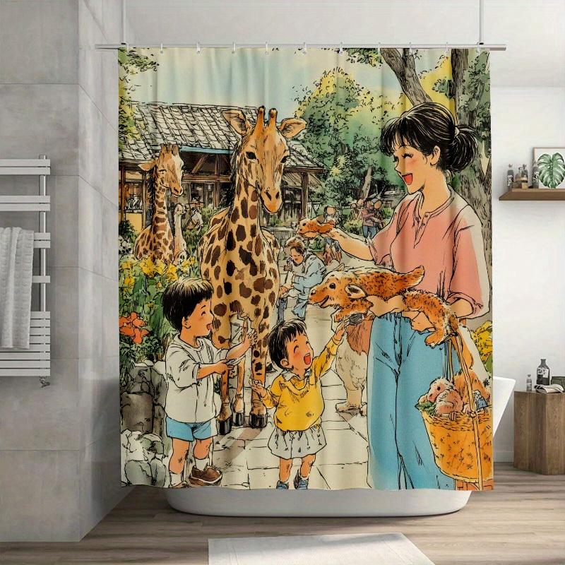 

Retro Garden Shower Curtain - A Woman With Sunflowers And Poppies Hanging On The Living Room Wall, Bedroom Decoration - Retro W60H190(CM)-1 Pcs
