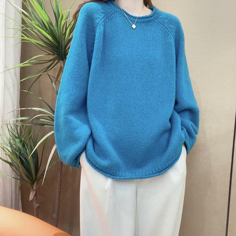 

Loose Spring and Autumn Lazy Style All-match Solid Color New Casual Long-sleeved Sweater Pink Blue Women 2XL