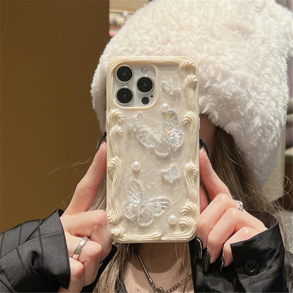 

INS 3D кристалл бабочка жемчужно-кремовый чехол для телефона с волнистыми краями для iPhone 15 11 12 13 14 Pro Max милый силиконовый чехол с конфетами и сердечками For iPhone 15
