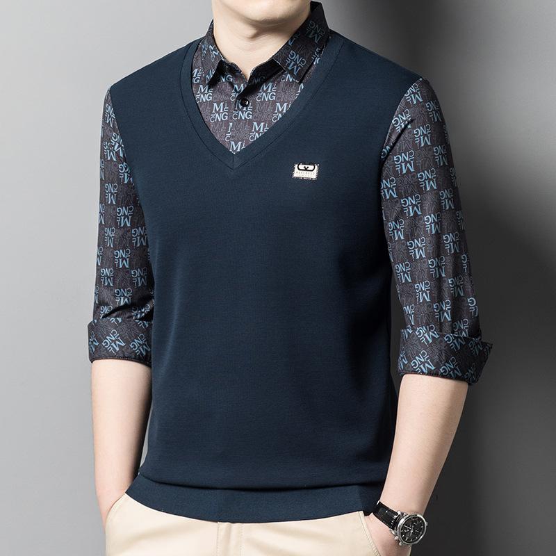 

Мужская футболка с длинными рукавами и лоскутным узором, с цветочным воротником, в деловом повседневном стиле, с низом XXXXL