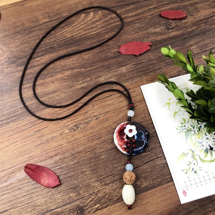 

Handmade original retro ceramic jade necklace literary femininity versatile simple long sweater chain pendant