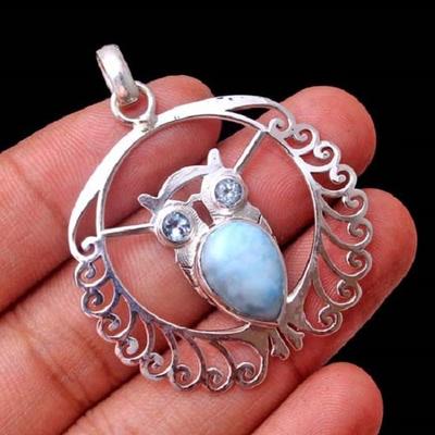 Crystal Healing Pendant, Reiki Pendant, Silver Pendant,Owl pendant,Larimar Pendant 925 Sterling Silver Jewelry, Mother's Day Gift, Gemstone Pendant