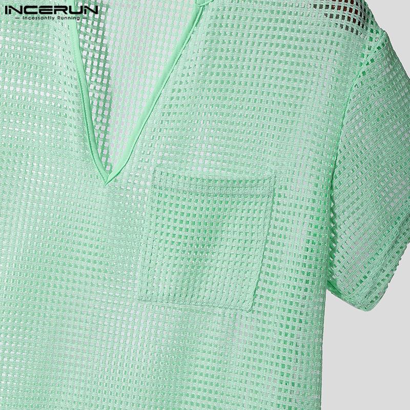 INCERUN Męskie Koszulki z Krótkim Rękawem z Siateczki Przezroczyste Puste Plażowe Top