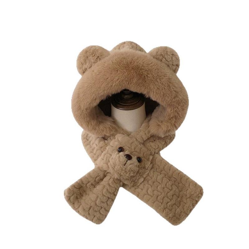 Warm versatile bear ears hat scarf integrated women's winter windproof plush thickened plush scarf