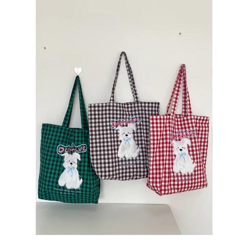 Plush Puppy Women's Plaid Shoulder Bag Cute College Girls  Book Tote Handbags Letter Embroidery Female Travel Shopping Bags