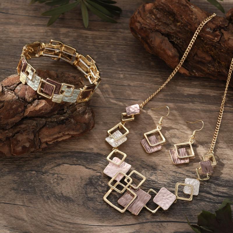 Barevný Olejový Geometrický Čtvercový Náušnice Stud Náramky Náhrdelník Sada, Vysoce Kvalitní Dámská Sada Šperků