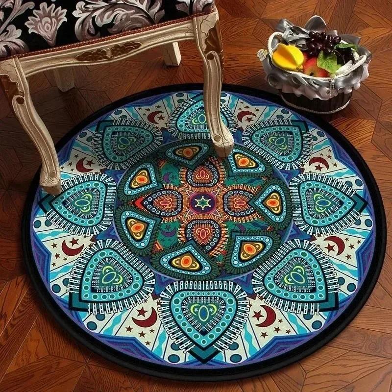 Retro Mandala Pattern Round Carpet, Room Home Decoration, Bedroom Kids' Cushion, Non-Slip Floor Mat Living Room Chair Mat