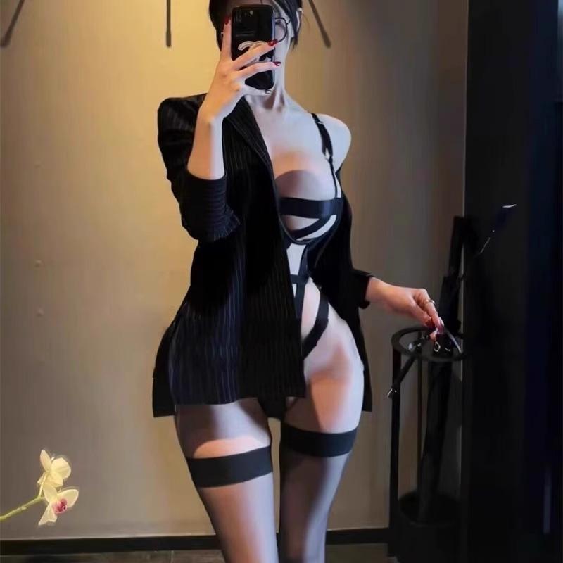 Sexy cross secretary uniform hottie outdoor hollow free one-piece flirting lingerie bundled women