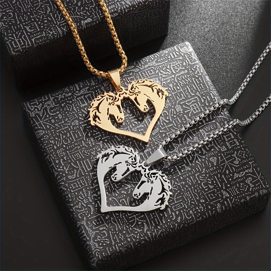 Couple Stainless Steel Double Horse Head Pendant Celtic Knot Heart Animal Necklace for Men Women Good Luck Irish Jewelry Gifts
