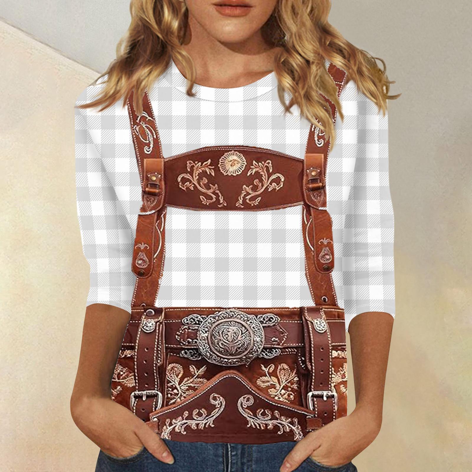 Women’s Casual Checkered Round Neck Top with Traditional Festival Printed Design and Three Quarter Sleeves for Everyday Wear L бежевый
