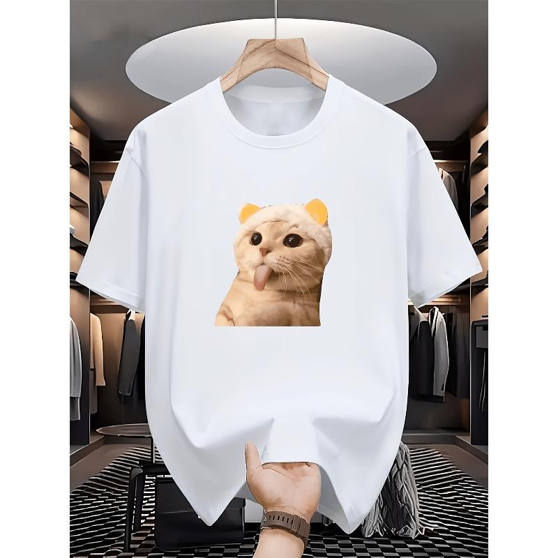 European sizes Adorable Cat Pattern, Print Men'S T-Shirt, Novelty Design T-Shirt for Men, Comfortable Casual T-Shirt for Summer