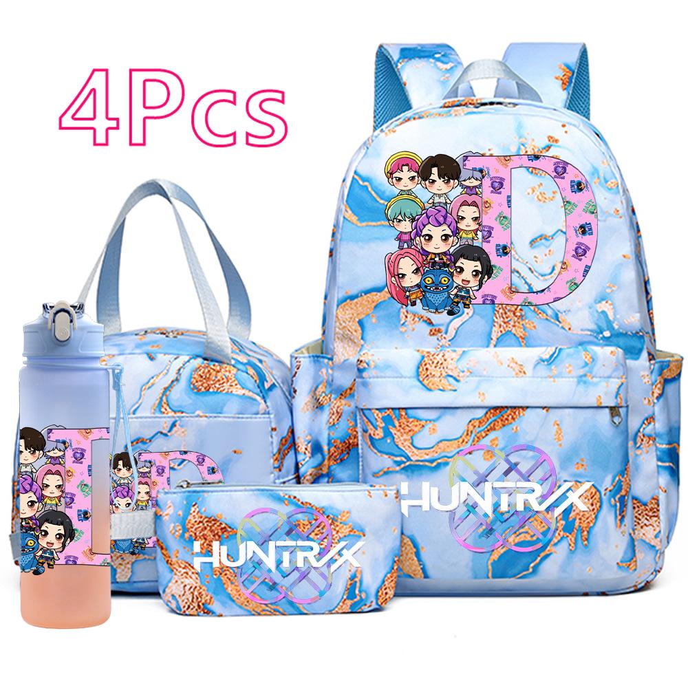 4Pcs/set Anime K-Pop Printed Backpack Handbag Pencil Case with 750Ml Water Bottler for Teenager Boy Girl Schoolbag Large Capacity Bookbag Kid Gift