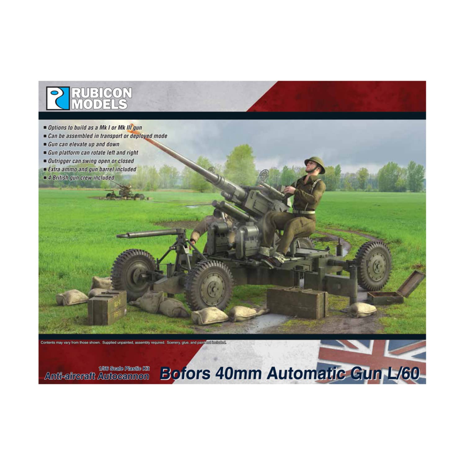 

Rubicon Models 1/56 Scale British Army Bofors 40mm L/60 Cannon Mk.1/3 with Crew, Plastic Model Kit RB0123