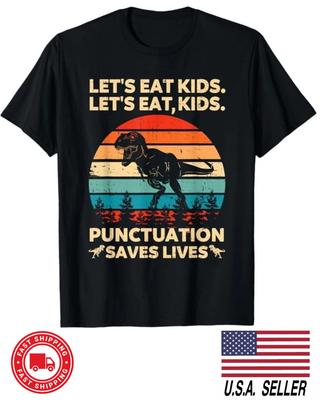 Lasst uns Kinder essen Satzzeichen retten Leben Lustiges Grammatik Dino T-Shirt SCHWARZ Unisex T-Shirt