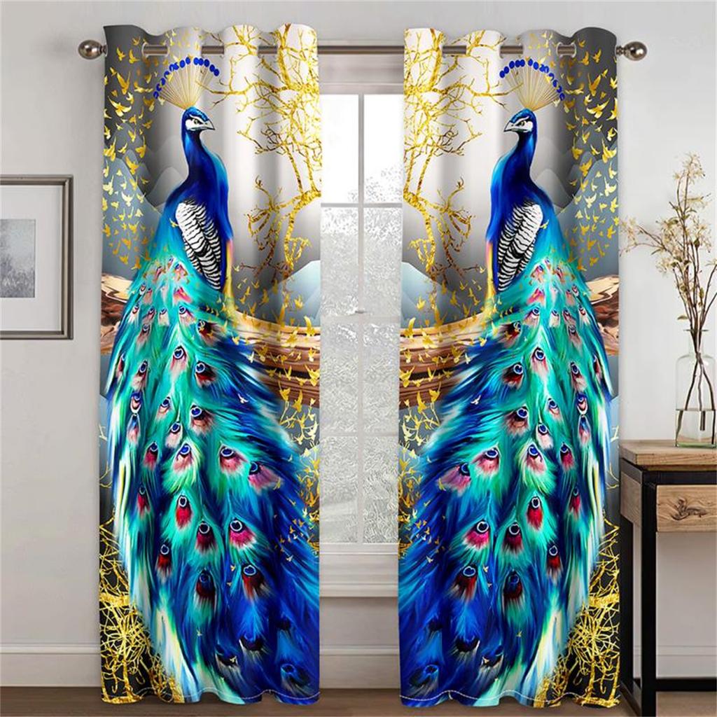 Retro Luksusowa seria Paw Elegancka Niebiesko-Złota 2 sztuki Zasłona Filtrująca Światło do Salonu Sypialni Dekoracja Okienna Domowa