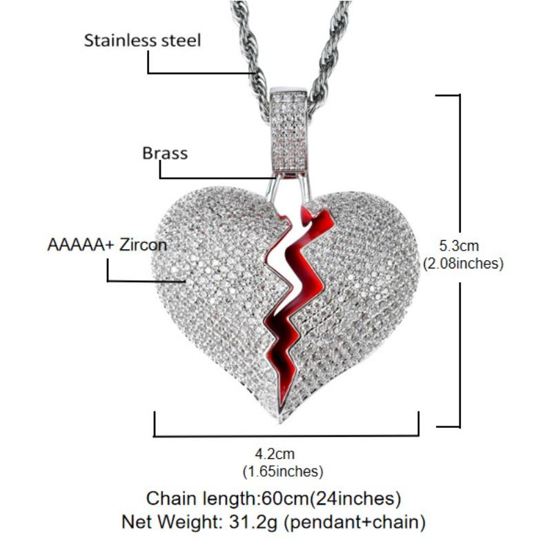 Explosive Hip Hop Heartbreak Shape Pendant with Copper Inlaid Zircon for Men and Women Couple Street Style Necklace Jewelry