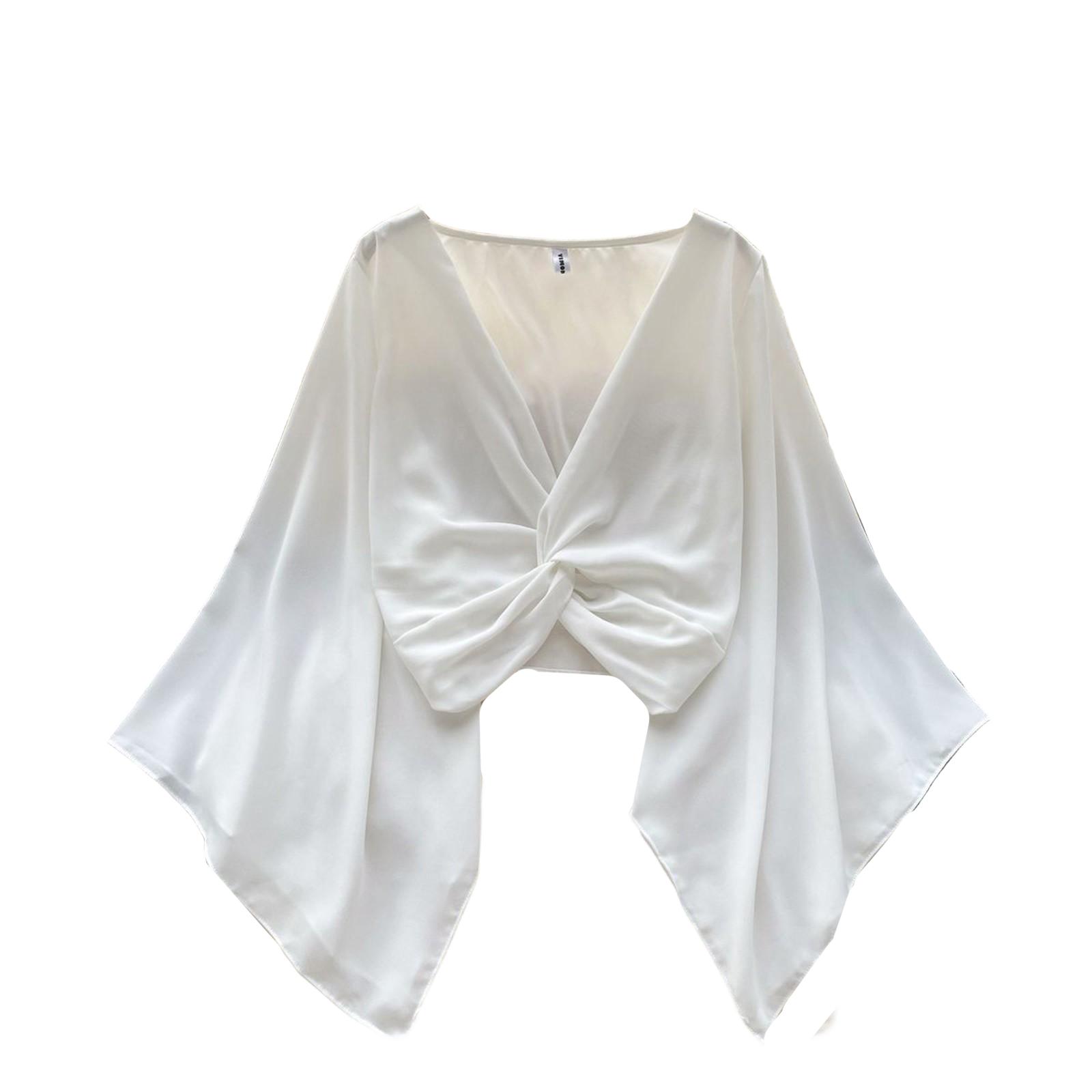 

Women s Casual Color V-neck Twisted Horn Long Sleeved Shirt Short Top