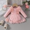 Sweet Floral Long Sleeve Baby Girl Romper Dress with Mesh Skirt