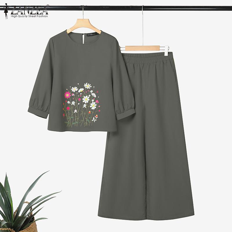 ZANZEA Women 3/4 Sleeve Floral Blouse and Pants Summer Two Piece Suit Sets
