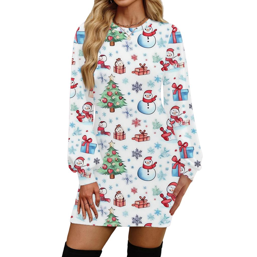 Rochie casual de modă pentru femei, cu imprimeu de Crăciun, cu gât rotund și mâneci lungi