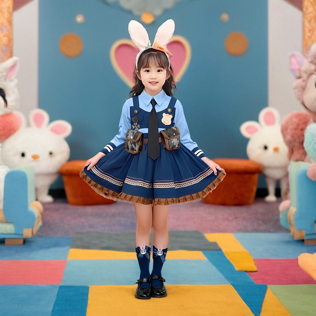Judy Cosplay Costume Kids Set Police Officer Performance Full Outfit Children's Lolita Skirt Hat Hairband Complete Costume