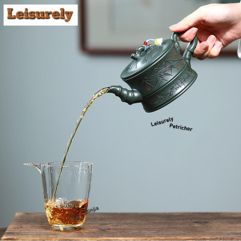 350ml Exquisite Yixing Purple Clay Teapots Master Handmade Bamboo Pot Raw Ore Blackish Green Mud Kettle Zisha Tea Set Tea Craft