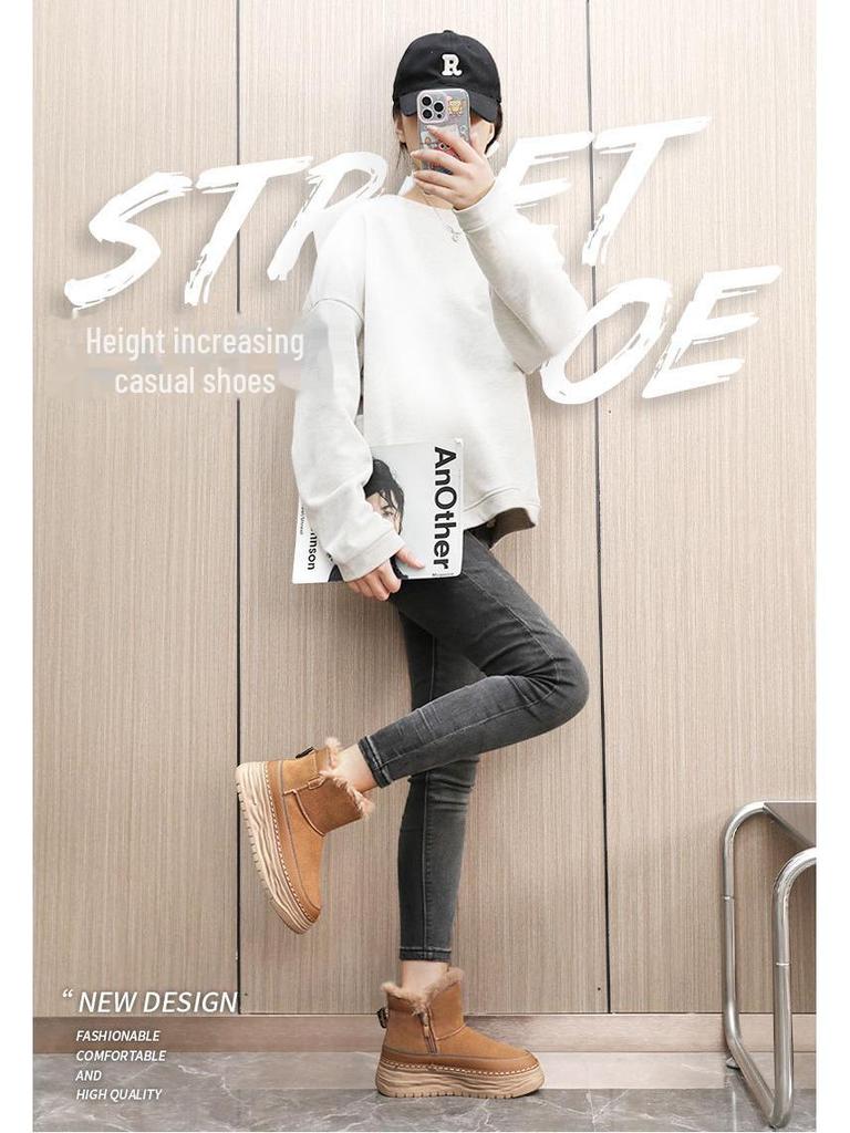 2024 Autumn/Winter Korean Velvet Women's Mid-Cut Snow Boots - Solid Color, Casual, Warm, Heightened Design