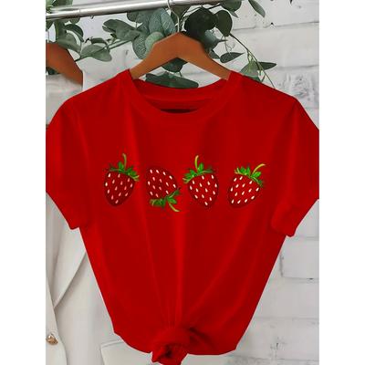 Women's Casual Short Sleeved T-shirt - Vibrant Red Strawberry Print, Cute T-shirt