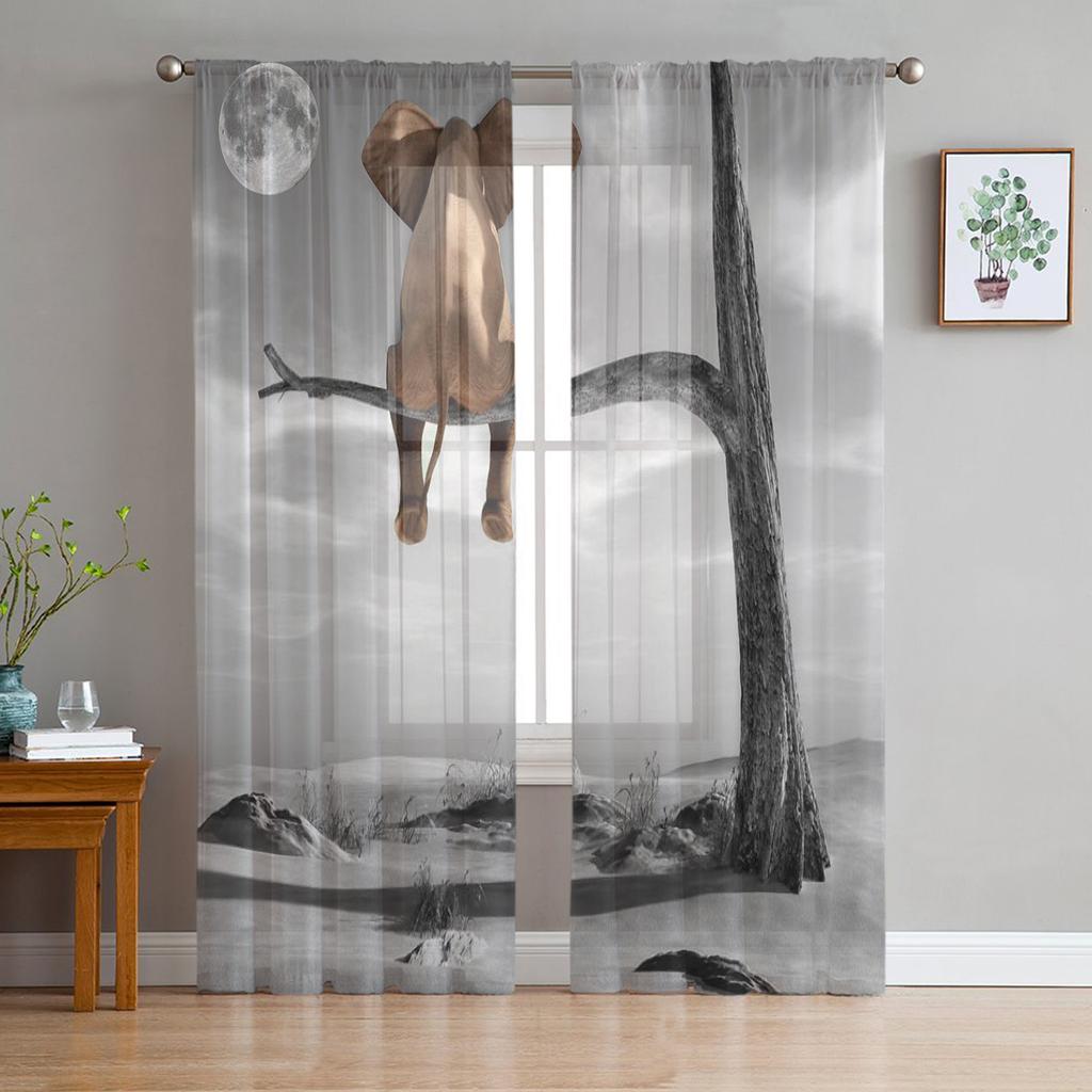 Elephant Big Stupid Bird Heart Gray Blue Sheer Curtains for Living Room Bedroom Decoration Window Voiles Morning Tulle Curtain