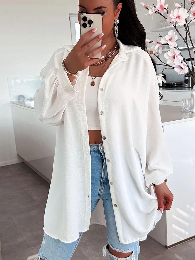 2024 Women's Solid Color Loose Casual Button-Down Shirt