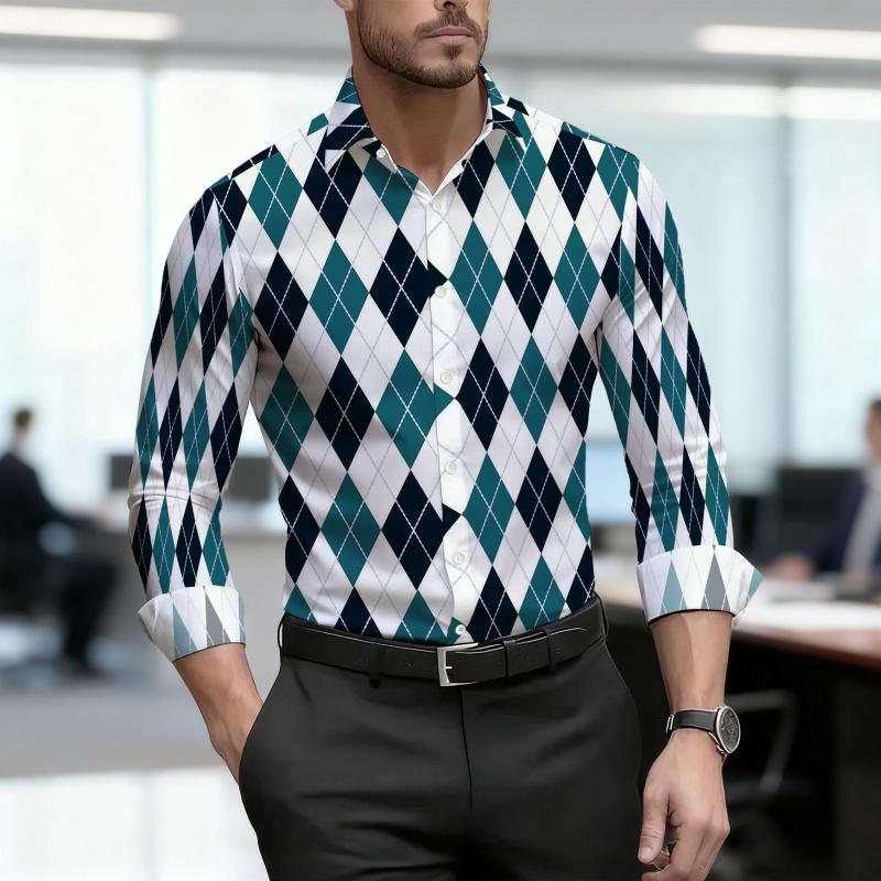 Men's Shirt with Diamond Grid Pattern, Personalized Contrasting Color Design, Versatile Street Style, Trendy Men's Clothing
