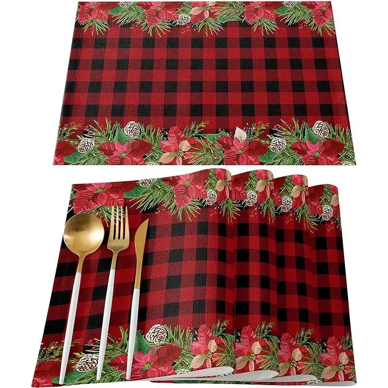 1PC Merry Christmas Placemats Linen Table Mats Washable Buffalo Plaid Farm Xmas Tree Placemat for Party Kitchen Table Decor