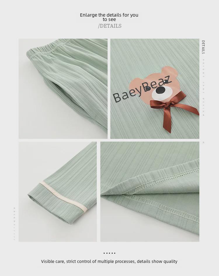 Women's Cotton V-Neck Pajama Set - Long Sleeve, Solid Color, Bear Print, Loose Fit, Spring/Autumn